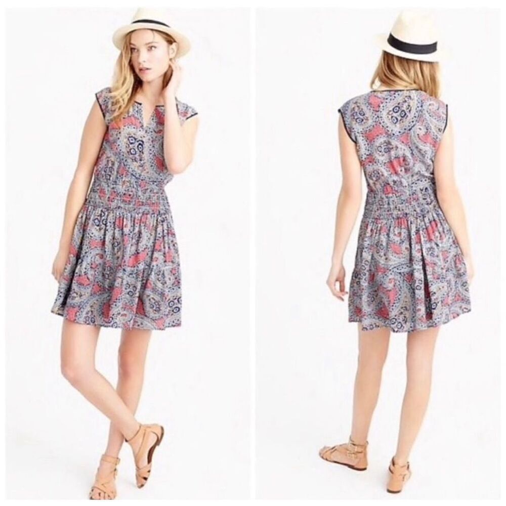 J. Crew Silk Smocked Waist Paisley Print Silk Sleeveless Dress Sz 12